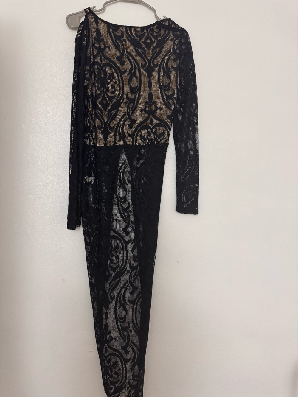 VENUS Black Lace One-Shoulder Sheer Bodycon Dress with Nude Lining
